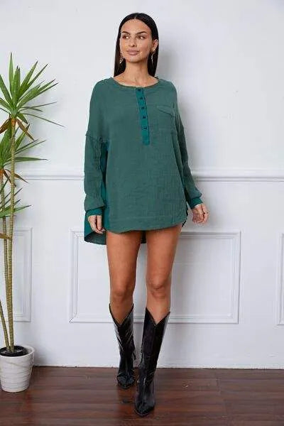 Half Button Up Round Neck Blouse Blouses - Tophatter Daily Deals
